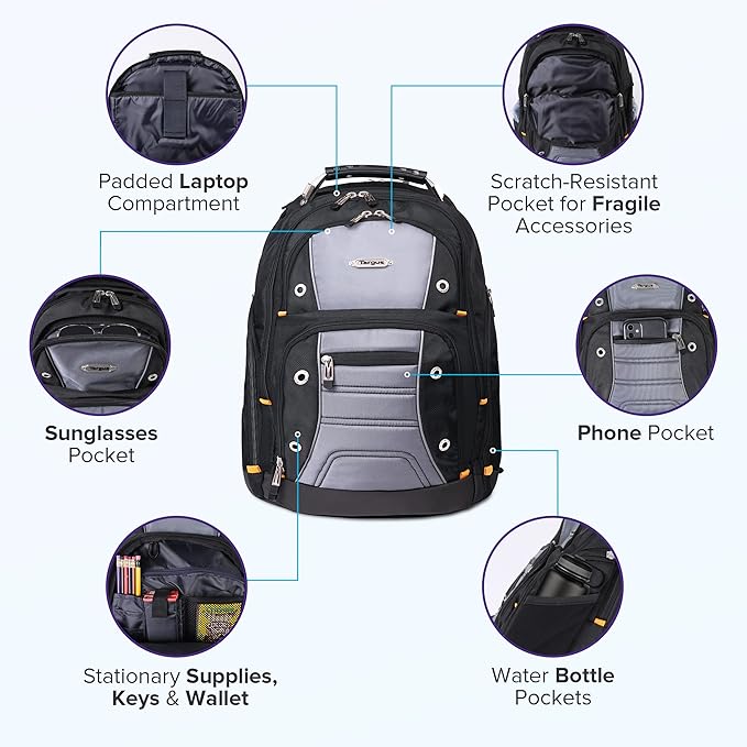 Targus Drifter II Laptop Backpack, Black/Gray – Backpack for Men for Business and Travel, Durable Water-Resistant Material, Fits up to 17" Laptops (TSB239US)