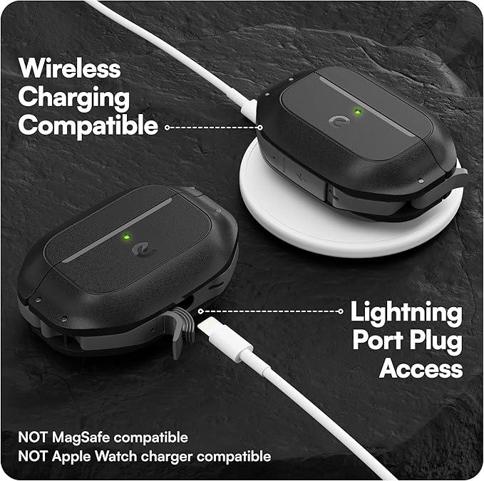 Keybudz for AirPods Pro 2 Case with Lock - Fully Waterproof AirPods Pro 2nd Generation Case Cover - Keychain, Rugged Tough Protection, Hard Shell and Carabiner for USB-C/Lightning (Carbon Black)