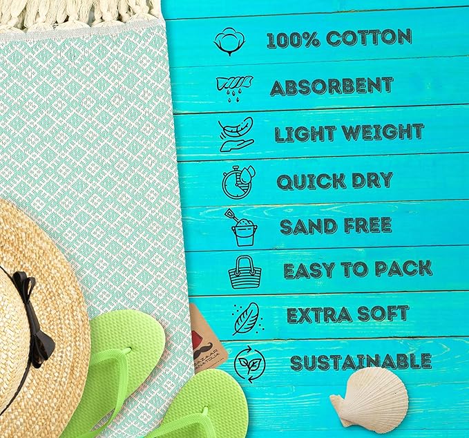 Bazaar Anatolia Turkish Beach Towel 100% Cotton Bath Towels Oversized Quick Dry Bathroom Towels Sand Free Camping Blanket 71x39 inches - Ethnic Mint