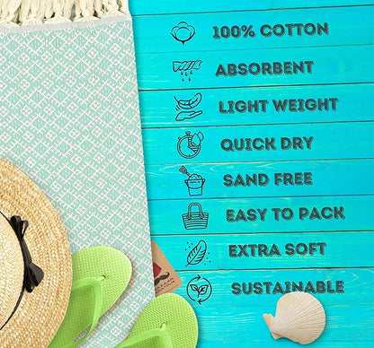 Bazaar Anatolia Turkish Beach Towel 100% Cotton Bath Towels Oversized Quick Dry Bathroom Towels Sand Free Camping Blanket 71x39 inches - Ethnic Mint