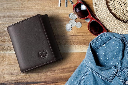Stealth Mode Leather Trifold RFID Wallet For Men With Flip Out ID Holder (Coffee)