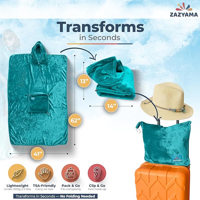 3-in-1 Travel Blanket Airplane – Compact with Bag & Pillow Combo Set, Ultra-Soft Fleece | Packable Blanket Compact | Hidden Pocket | Trolley Sleeve | Carabiner | Travel Essentials (Aqua Teal)