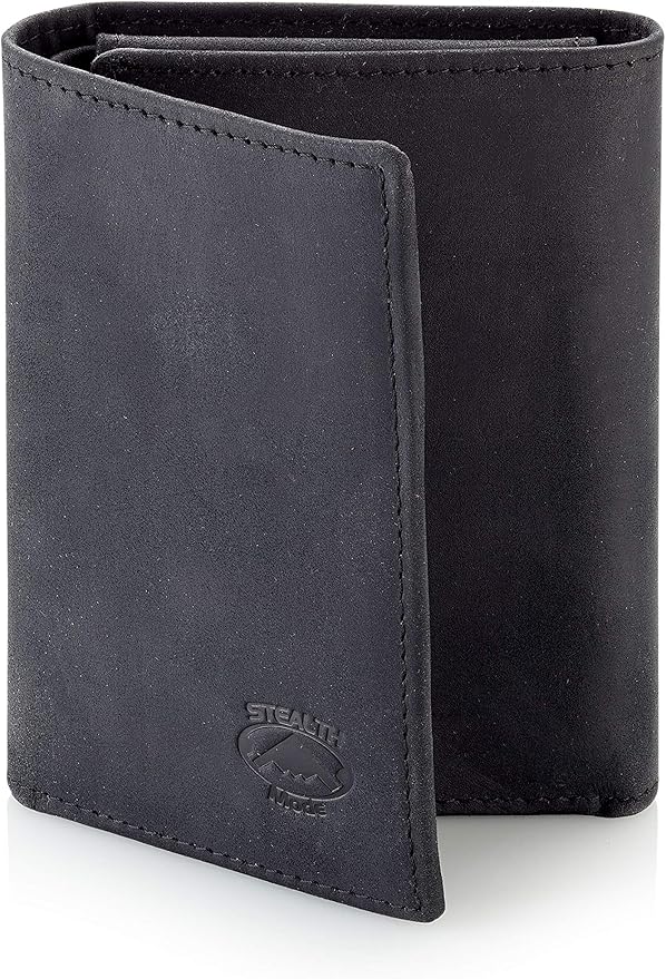 Stealth Mode Trifold Leather Wallet for Men with ID Holder and RFID Blocking (Black)