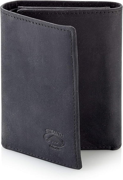 Stealth Mode Trifold Leather Wallet for Men with ID Holder and RFID Blocking (Black)