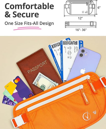 Vantamo Money Belt with RFID For Men & Women, Hidden Passport Holder for Travel, 2 Compartment Travel Fanny Pack for Women Anti Theft