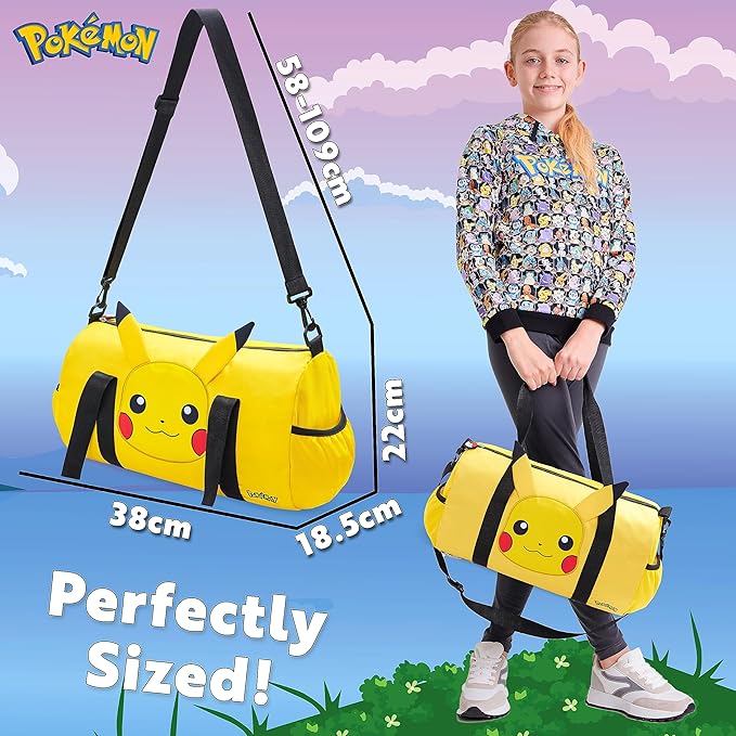 Pokemon Duffel Bag for Kids, Gym Bag Overnight Pikachu Sports Kit Holdall Bag Hand Luggage Bag - Gifts for Boys (Yellow 3D Ears)
