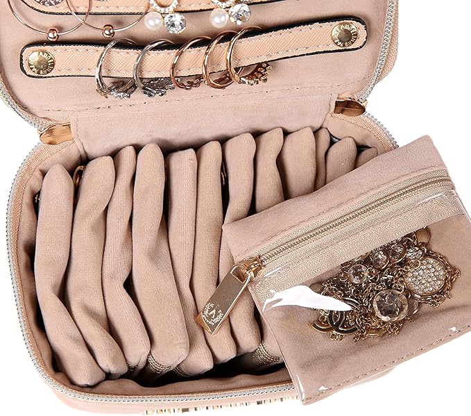 Angelina's Palace Jewelry Organizer Case Bridesmaid Gifts Travel Bag Vegan Leather Box for Necklace Earring Bracelet Ring(light fawn)