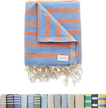 Large Turkish Beach Towel, Striped Denim Blue & Orange - 37'' x 67'' - Super Soft & Lightweight - Quick Dry Sand Free Travel Towels for Beach or Bath - Gifts