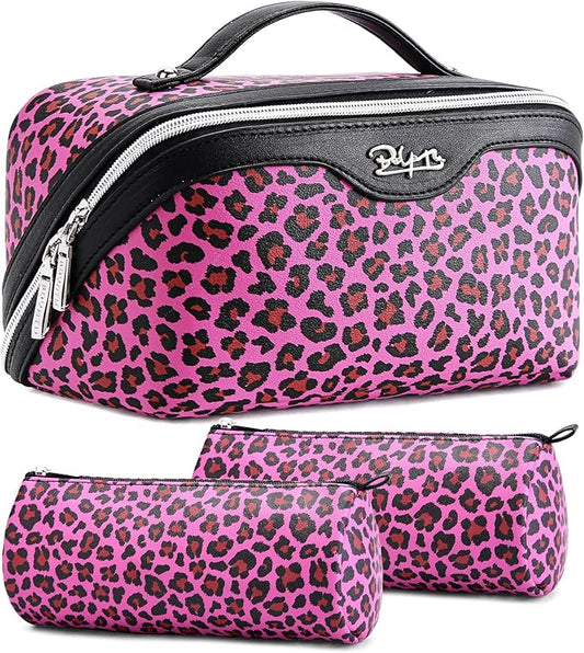 BOYATU Travel Makeup Bag for Women: 3 Pcs Set Portable Make up Bags with Handle - Leopard Print Cosmetic Bags with Comparments - Waterproof Vegan Leather Toiletry Bag (A-1-Red)