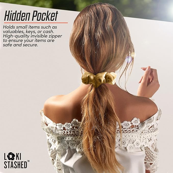 3-PACK Velvet Hair Tie Scrunchies for VSCO Girls & Women, THE ORIGINAL HIDDEN POCKET SCRUNCHIE with Zipper Pocket Storage, Accessories, Small Items, Keys, Money (Golden Hour Set)