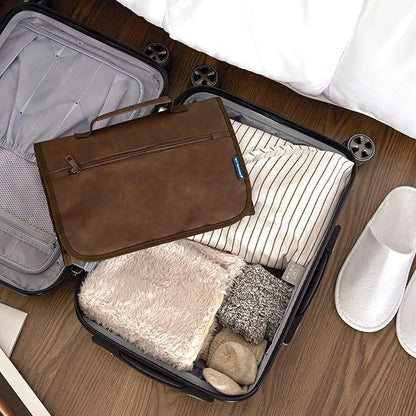 PAVILIA Hanging Toiletry Bag Men Women, Travel Kit Foldable Large Toiletries Organizer, Roll up Cosmetics Makeup Bag Accessories, Waterproof Essentials Dopp Case (Brown)