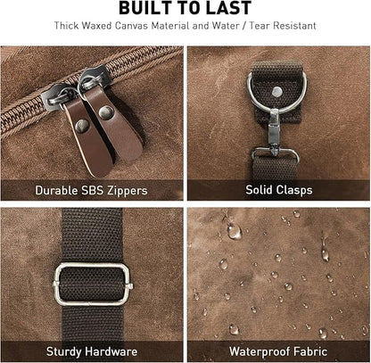 Wildroad Waxed Canvas Duffle Bag - 60L Waterproof Genuine Leather Weekender Overnight Travel Hand Bag