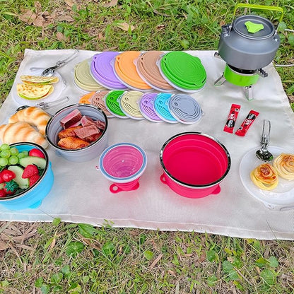 Mess Kit for Camping Silicone Collapsible Bowl Collapsible Cup and Stainless Steel Spoon for Backpacking Outdoor Hiking Traveling and Picnic