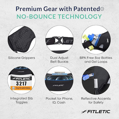 Fitletic Hydration Running Belt with Water Bottles for Men & Women – 2 Quick Flow 8oz Running Water Bottles, Patented Bounce Free Design, Water Resistant Pouch Fits All Phones – Hydra 16