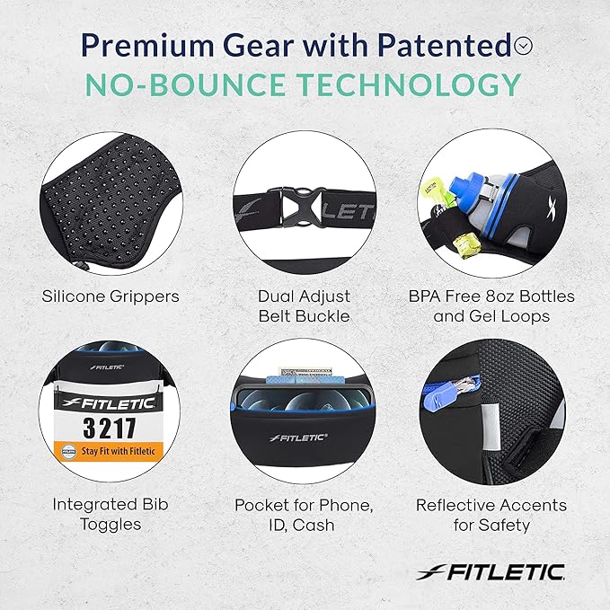 Fitletic Hydration Running Belt with Water Bottles for Men & Women – 2 Quick Flow 8oz Running Water Bottles, Patented Bounce Free Design, Water Resistant Pouch Fits All Phones – Hydra 16