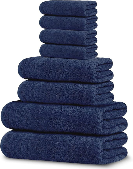Tens Towels Pack of 8 Towels Set, 2 Extra Large Bath, 2 Hand, 4 Washcloths, 100% Cotton, Lighter Weight, Quicker to Dry, Super Absorbent, Perfect for Bathroom, Navy