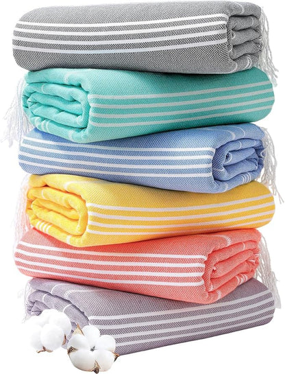 Genovega 6 Oversized Turkish Beach Bath Towel Set Bulk 74"x38" Sand Free Extra Large Quick Dry Swimming Camping Pool Clearance Towels Blanket Essentials Adult Multi Stripes Puper