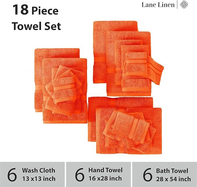 LANE LINEN Luxury Bath Towel Set of 18 – 100% Cotton, 6 Bath Towels, 6 Hand Towel & 6 Washcloths, Zero Twist, Remains Soft & Absorbent Even After Multiple Washes, Quick Dry - Tiger Lily
