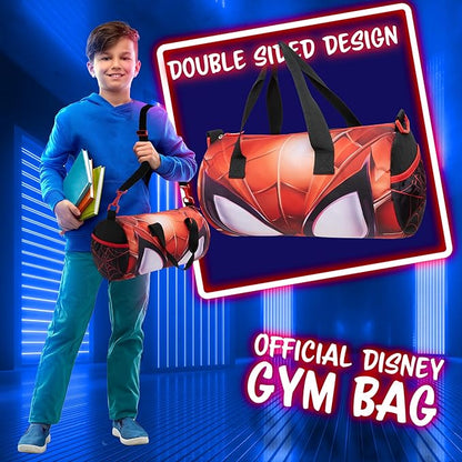 Disney Sports Duffel Bag, 15 x 7 x 7" Holdall 2 Pockets Adjustable Strap (Black/Red Spiderman)
