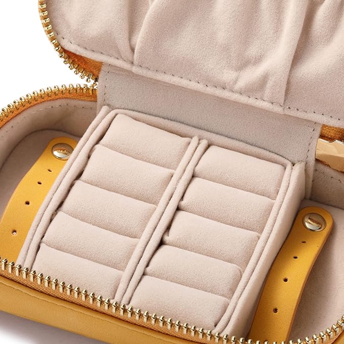 HISCOW Vegan Leather Travel Jewelry Case with Zipper - Portable Necklace & Earring Holder Organizer for Women Girls, Velvet-Lined Ring Box with Anti-Tarnish Design, Yellow