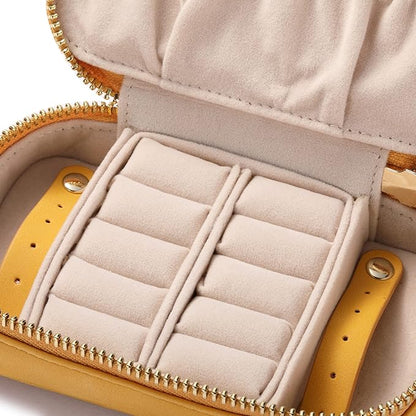 HISCOW Vegan Leather Travel Jewelry Case with Zipper - Portable Necklace & Earring Holder Organizer for Women Girls, Velvet-Lined Ring Box with Anti-Tarnish Design, Yellow