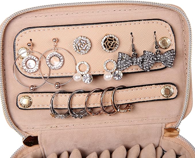 Angelina's Palace Jewelry Organizer Case Bridesmaid Gifts Travel Bag Vegan Leather Box for Necklace Earring Bracelet Ring(light fawn)