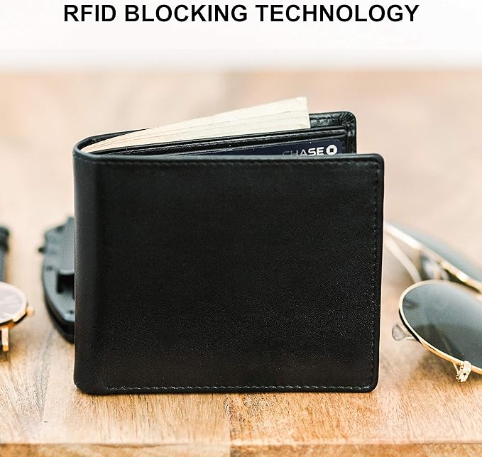 Top Grain Leather Wallet for Men | RFID Blocking | Extra Capacity Bifold Wallet with 2 ID Windows | Ultra Strong Stitching | Slim Billfold with 8 Card Slots | Gift for Him