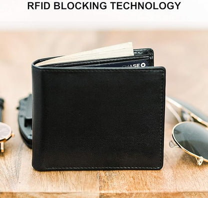 Top Grain Leather Wallet for Men | RFID Blocking | Extra Capacity Bifold Wallet with 2 ID Windows | Ultra Strong Stitching | Slim Billfold with 8 Card Slots | Gift for Him