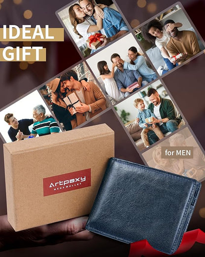 Mens Wallet Bifold Genuine Leather RFID Blocking Wallet for Men with 1 ID Windows 13 Card Holders 2 cash pockets 1 Gift Box