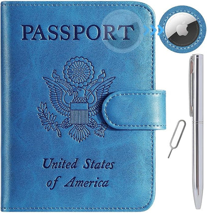 Airtag Passport Holder Cover Wallet RFID Blocking Leather Case Travel Essentials Luggage Accessories Travel Must Have(118#Blue)