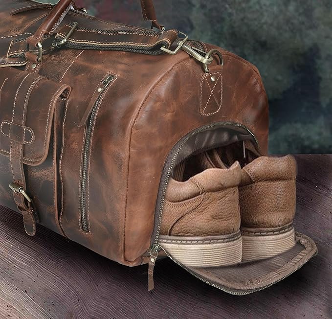 24 Inch Genuine Leather Duffle Bag for Men Travel Overnight Weekender Leather Duffel Bags Sports Gym Duffel for Men and Women Carry On Luggage for Traveling