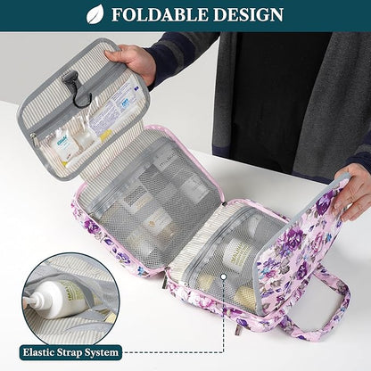 PAVILIA Hanging Toiletry Bag Travel Bag Women Men, Foldable Cosmetic Organizer, Roll up Makeup Bag, Water Resistant Accessories Toiletries, Large Travel Essentials Kit (Purple Floral)