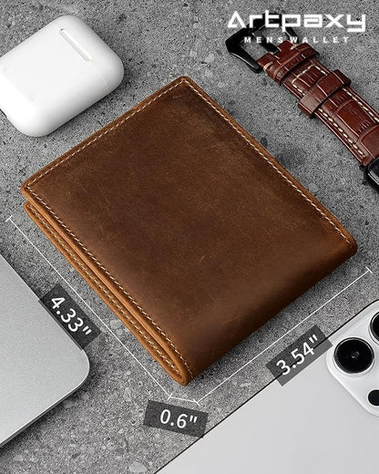 Mens Wallet Genuine Leather Bifold RFID Blocking Wallet for Men with 1 ID Window 13 Card Holders 2 cash pockets 1 Gift Box