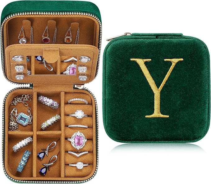 Parima Plush Velvet Travel Jewelry Case Jewelry Box - Personalized Small Jewelry Case Organizer Jewelry Box Travel Essentials for Women Birthday Mom Friend Her Teenage Gifts Idea - Letter Y, Green