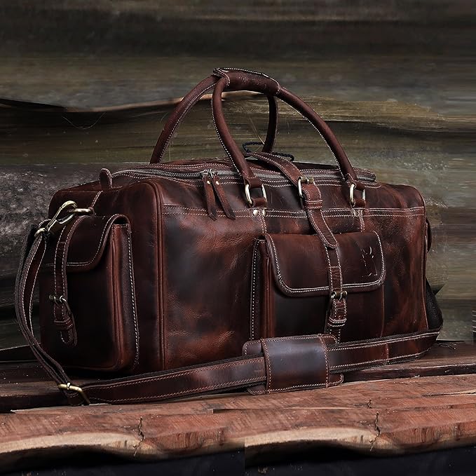 Duffle Bag For Men and Women, 28 Inch Vintage Buffalo Leather Travel Duffle Bag, Genuine Carry On Overnight Bag, Weekender Gym Bag with Shoulder Strap, Carry on Luggage Bags