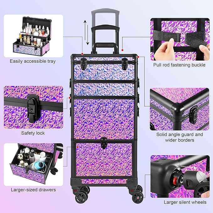 Rolling Makeup Case with Large Drawer, Makeup Train Case with Tray, Cosmetology Case on Wheels, Travel Makeup Case Organizers, Professional for Salon Barber, Nail, Tattoo, Multicolor Purple
