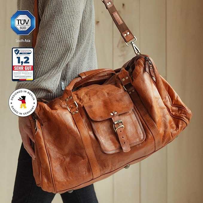 Berliner Bags Vintage Genuine Leather Duffle Bag New York XL for Travel or the Gym, Weekender, Travel Bag, Overnight Bag for Men and Women - Brown