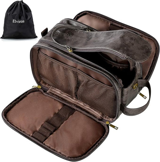 Elviros Toiletry Bag for Men, Large Travel Shaving Dopp Kit Water-resistant Bathroom Toiletries Organizer PU Leather Cosmetic Bags
