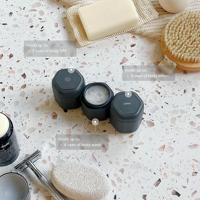 Cadence Travel Containers - Body Care Capsule Set - Magnetic Containers with Lids,Carry On Travel Essentials for Women/Men - 3 Flex Mediums (1.32oz) - Body Wash, Lotion & Sun Icon Labels - Charcoal