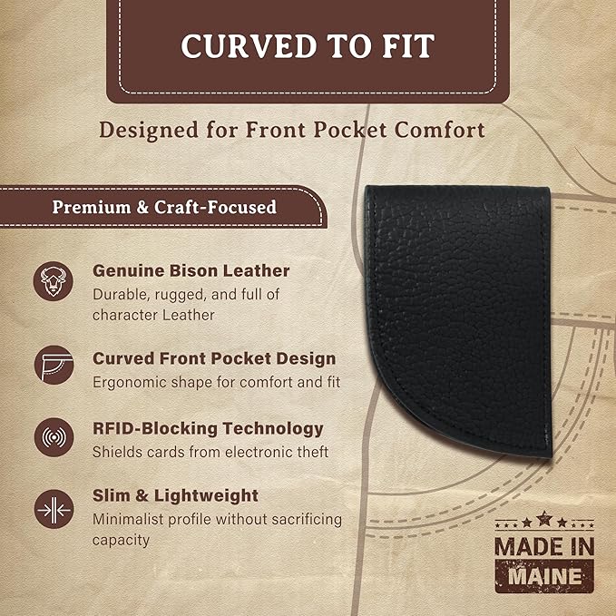 ROGUE WALLET Genuine Bison Leather Wallets for Men - RFID Blocking Curved Men's Front Pocket Wallet w/ 3 Card Slots, Plastic ID Slot, Full Billfold Section & More - Slim Wallets for Men (Black)