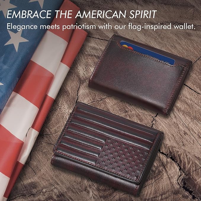 Trifold Leather Wallet for Men RFID Blocking – Mens Trifold Wallet Leather with 12 Card Slots, Gift for Men, American Flag Wallet Red