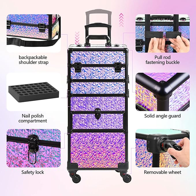 Makeup Train Case with Drawer, Rolling Makeup Case, Cosmetology Case on Wheels, Gift, Large Makeup Case Organizers, Professional for Salon Barber, Nail, Tattoo, Black Colourful