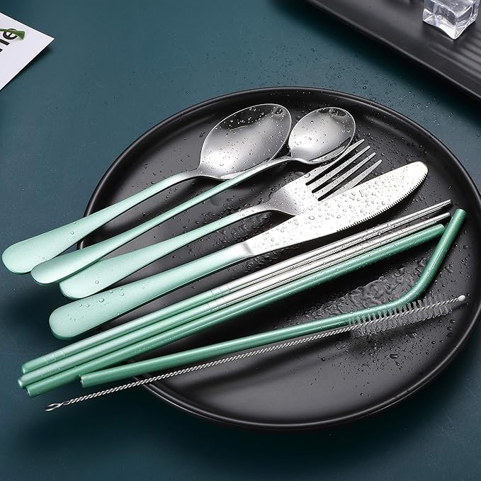 Travel Utensils,Reusable Silverware Set To Go Portable Cutlery Set with a Waterproof Carrying Case for Lunch Boxes Workplace Camping Picnic (GraGreen)