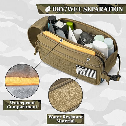 PAVILIA Tactical Toiletry Bag for Men, Travel Hygiene Bag, Military Gear Dopp Kit, Water Resist Molle Accessories Pouch, Mens Shaving Essentials, Gym Bathroom Shower Small Toiletries Tool EDC, Tan
