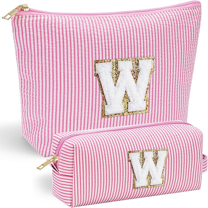 YOOLIFE Cute Pink Initial Make Up Bag Travelling, Personalized Makeup Bag with Zipper Cosmetic Makeup Pouch Travel Accessories Birthday Gift Friends Female Mom Teacher Sweet 16 Gifts Daughter Gifts W