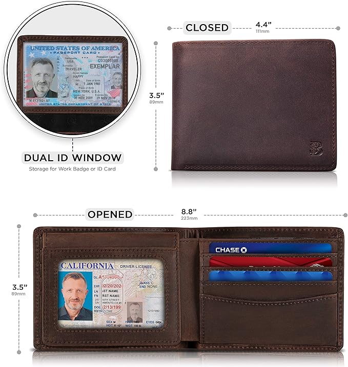 SERMAN BRANDS 2 ID Window Wallet for Men RFID Blocking Leather, Bifold Top Flip, Extra Capacity Travel Wallet