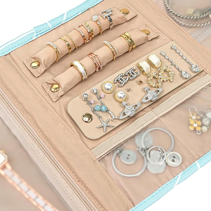 Pavilia Foldable Jewelry Organizer - Travel Roll Bag with Compartments for Earrings, Rings, Necklaces, Bracelets - Packing Accessory