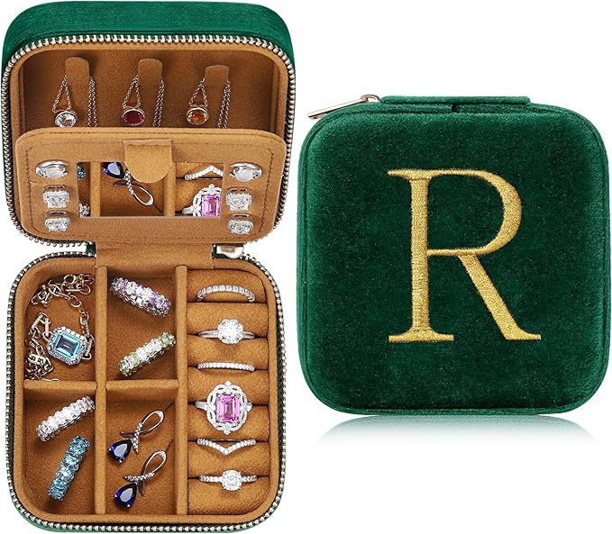 Parima Retirement Gifts for Women - Retirement Gifts for Women 2025, Happy Retirement Party Gifts, Plush Velvet Emerald-Green Travel Jewelry Case Jewelry Box - Letter R, Green