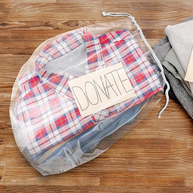 Clear Drawstring Travel Bag for Shoes. Waterproof Dust Bags for Shoes with Double Cotton Drawstrings. 2 mil PE Plastic Drawstring Bags for Packing, Storage