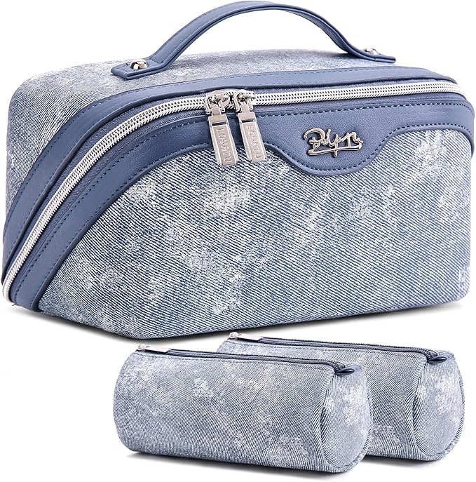 BOYATU Travel Makeup Bag Cosmetic Bags for Women: 3 Sets Large Capacity Make up Bag - Portable Toiletry Bags with Handle for Women(F-1-Blue)